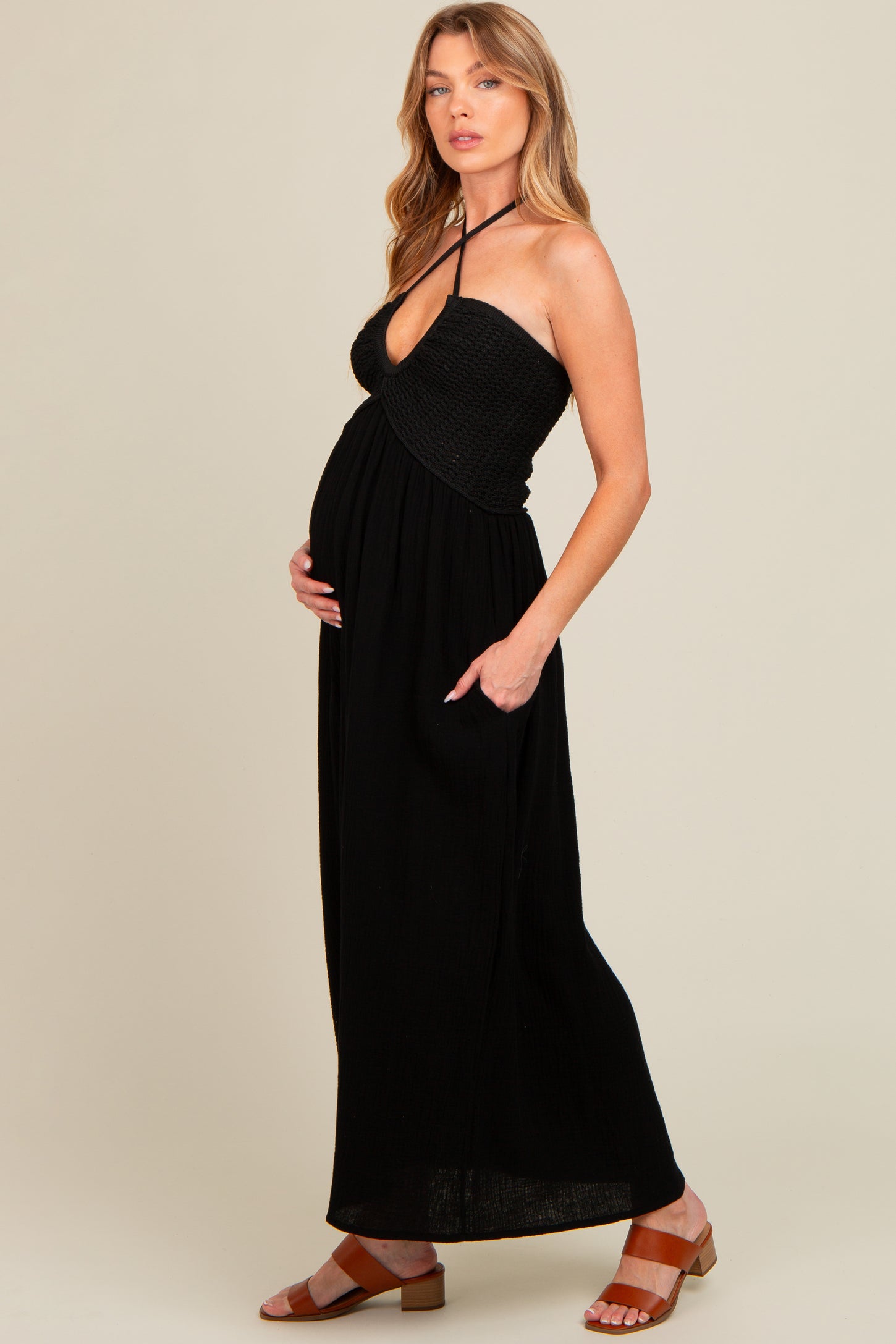 Black Halter Crochet Top Maternity Maxi Dress – PinkBlush