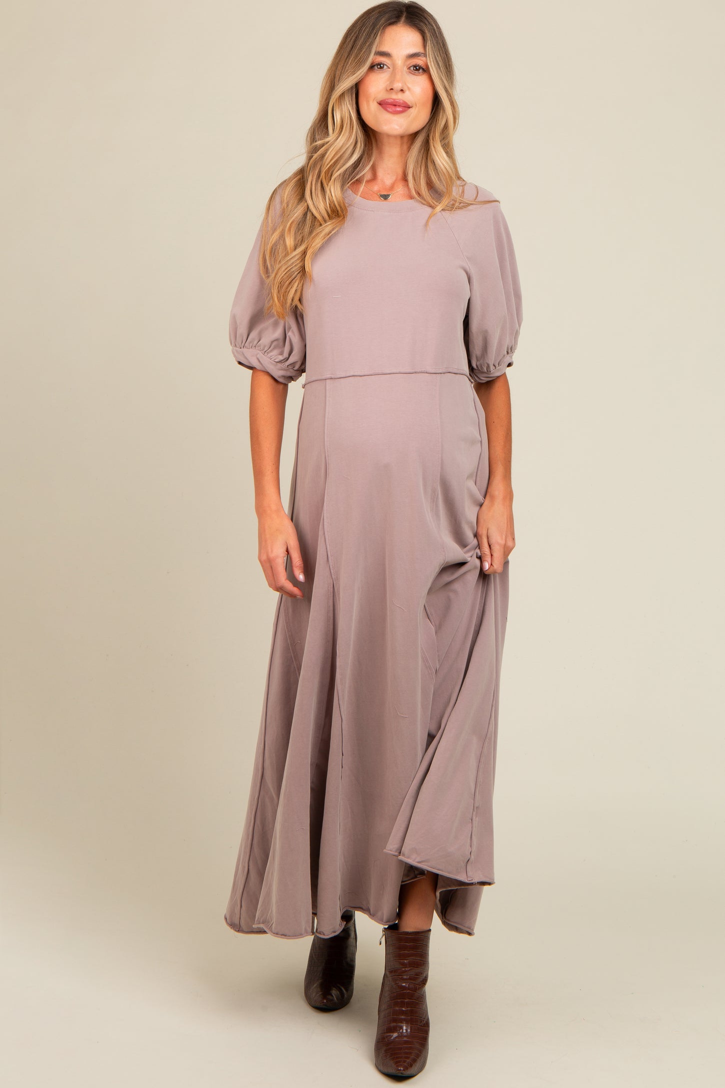 Taupe Vintage Wash Puff Sleeve Maternity Maxi Dress PinkBlush Taupe Vintage Wash Puff Sleeve Maternity Maxi Dress PinkBlush