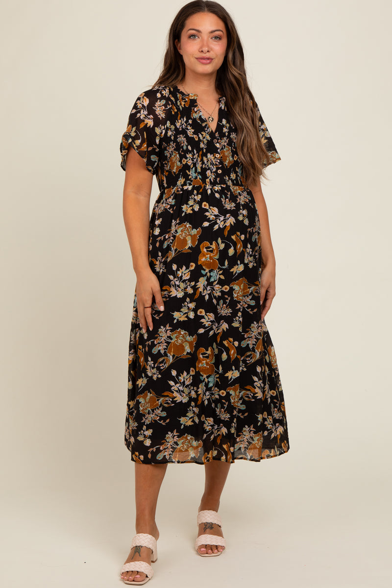 Orange Floral Smocked Sleeveless Maternity Midi Dress