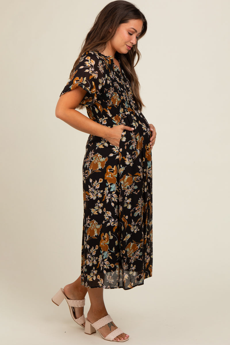 Black Floral Smocked Short Sleeve Maternity Midi Dress main image 0