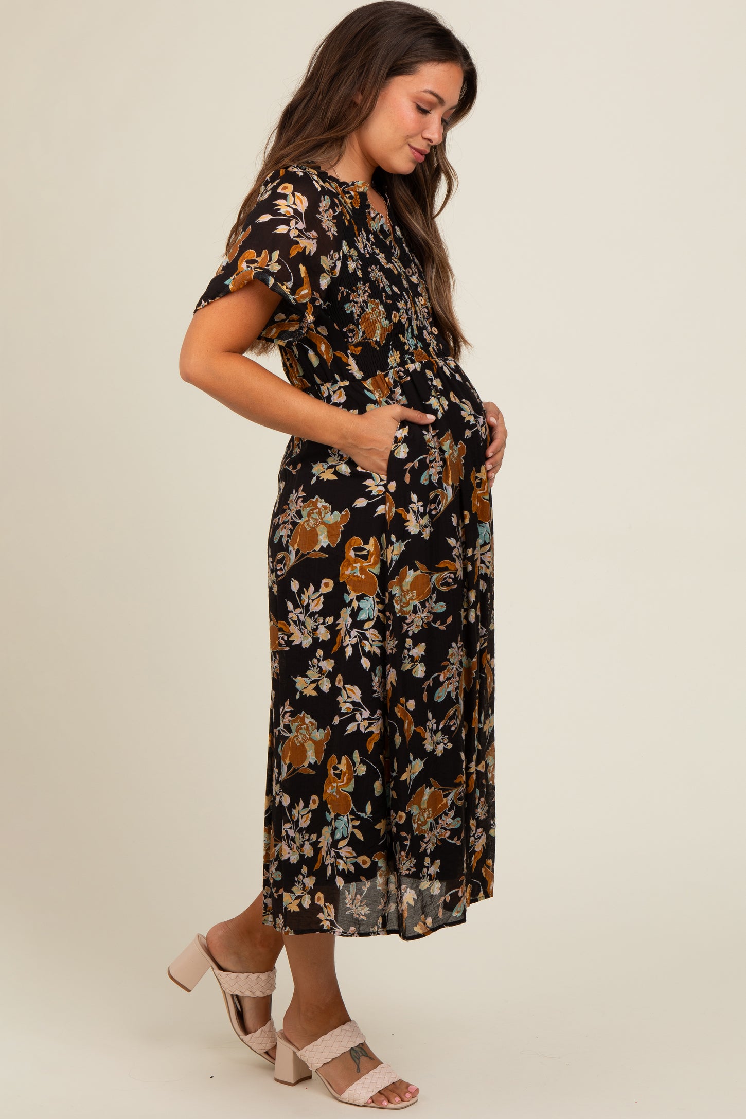 Black Smocked Floral Maternity Midi Dress – PinkBlush