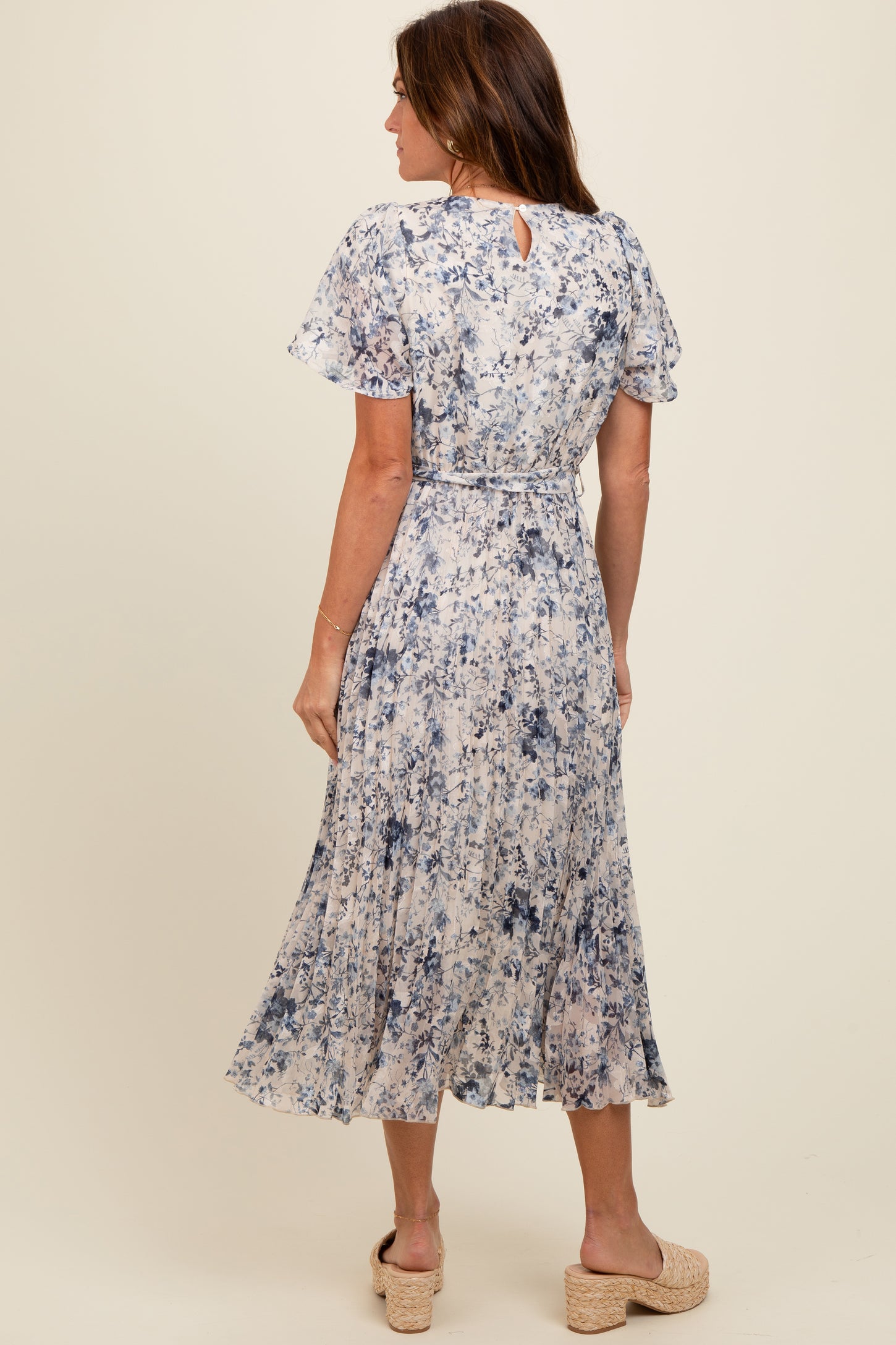 Cream Floral Pleated Midi Dress
