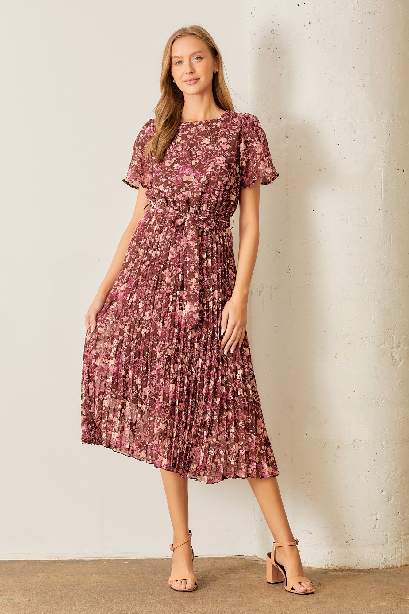 pleated midi dress floral Dusty Floss Floral Pleated Midi Dress LT-BLUE-MULT / L by Sugarlips