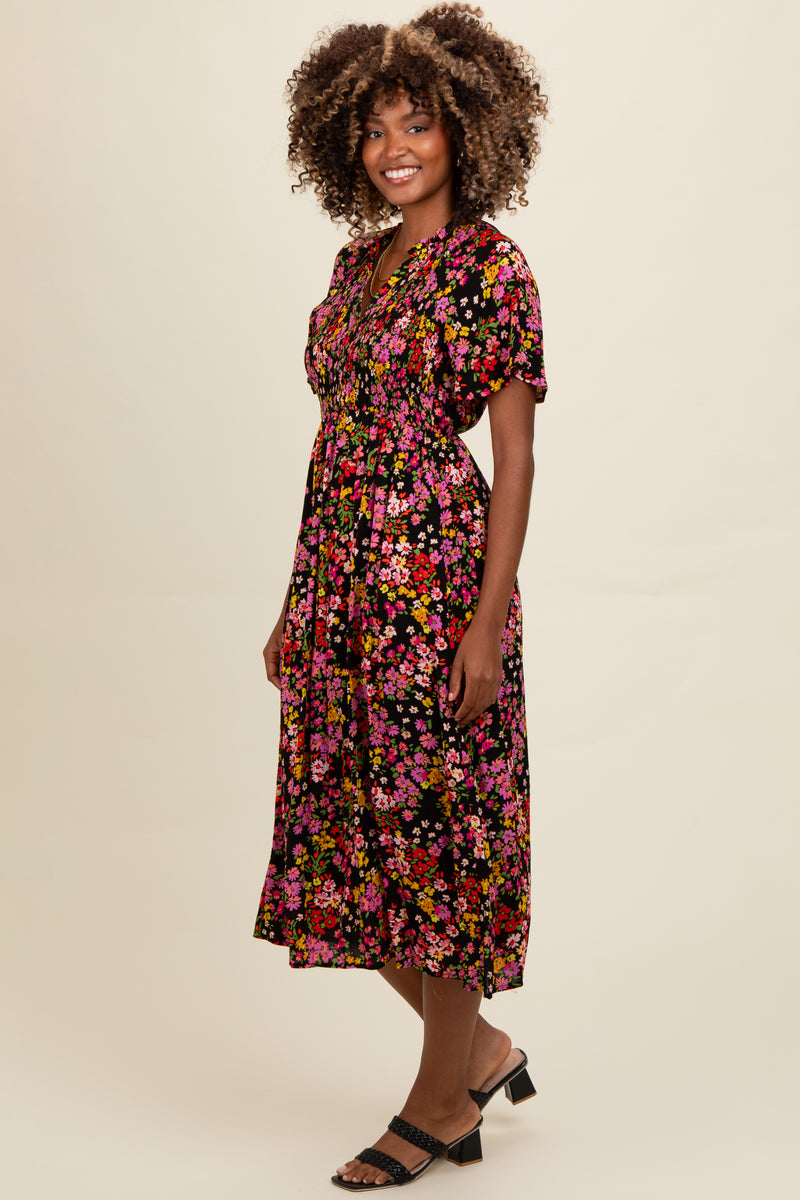 Black Floral Smocked Button Up Midi Dress – PinkBlush