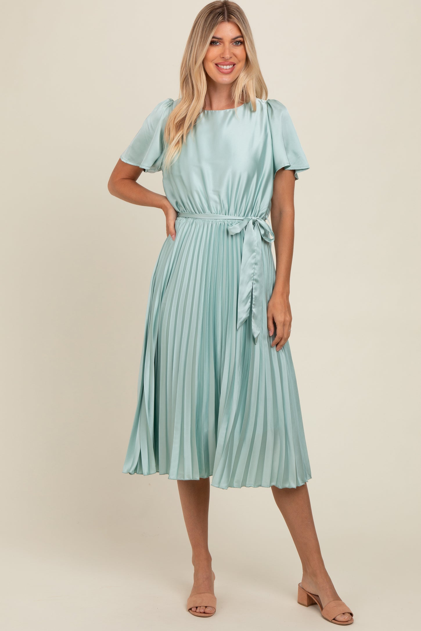 Mint Green Satin Pleated Sash Tie Maternity Midi Dress PinkBlush Mint Green Satin Pleated Sash Tie Maternity Midi Dress PinkBlush