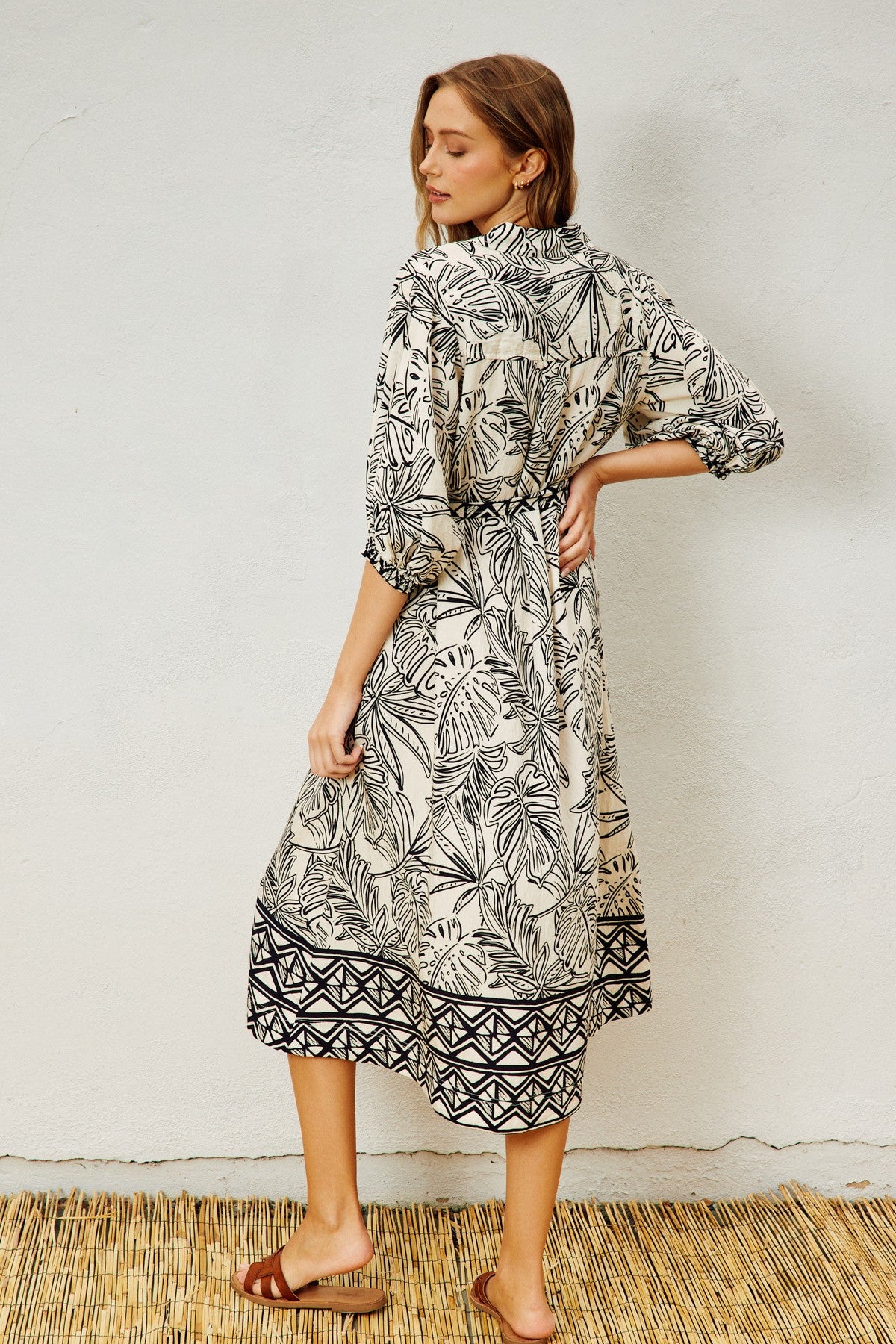 Black Tropical Print Button Down Shirt Dress