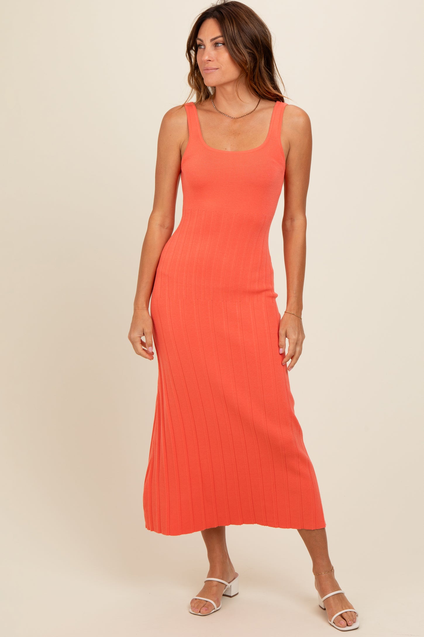 ribbed orange midi dress Orange Ribbed Fitted Midi Dress