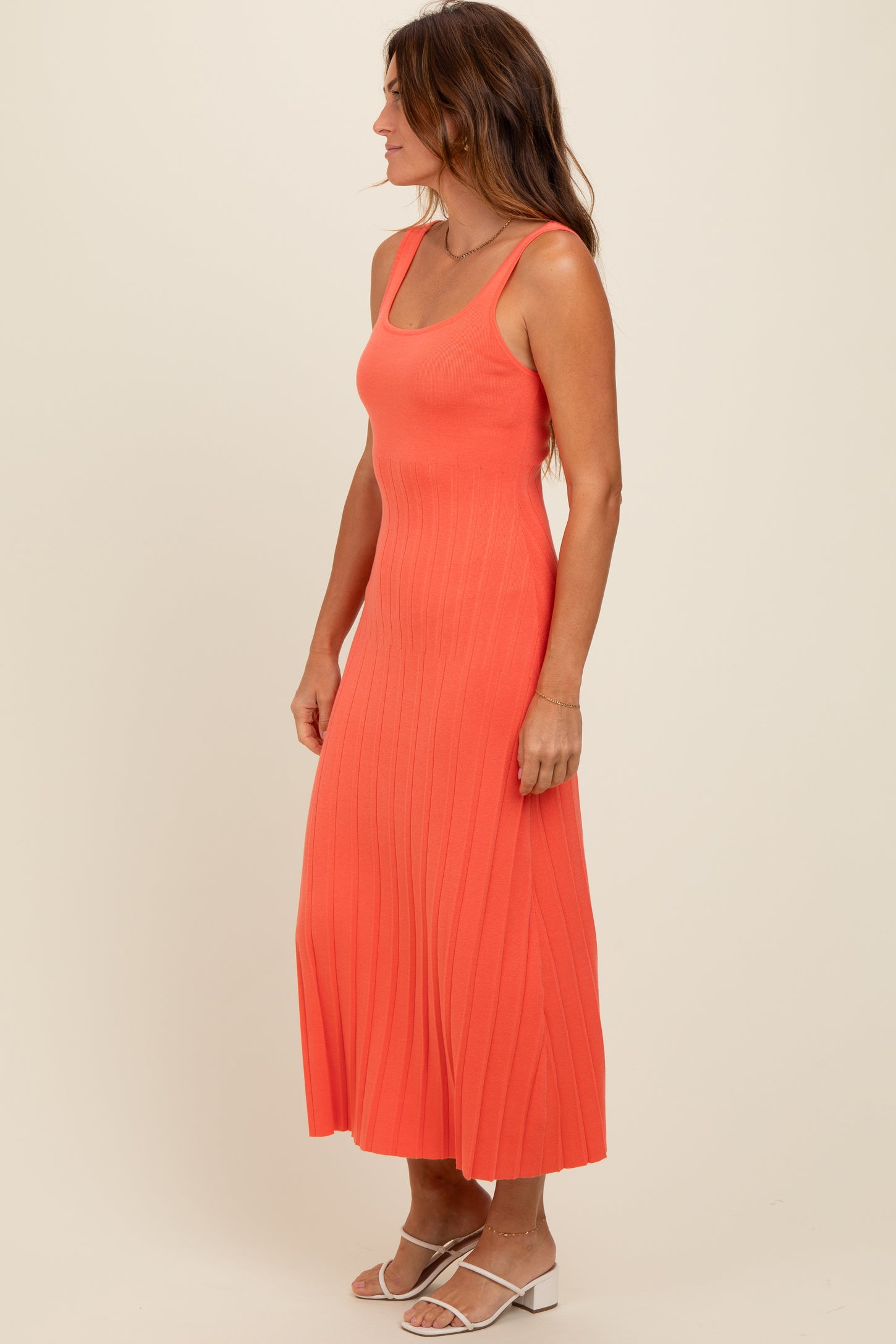 Orange Knit Ribbed Fitted Midi Dress