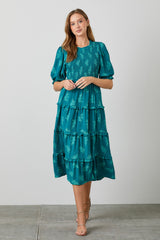 Teal Leaf Print Smocked Midi Dress