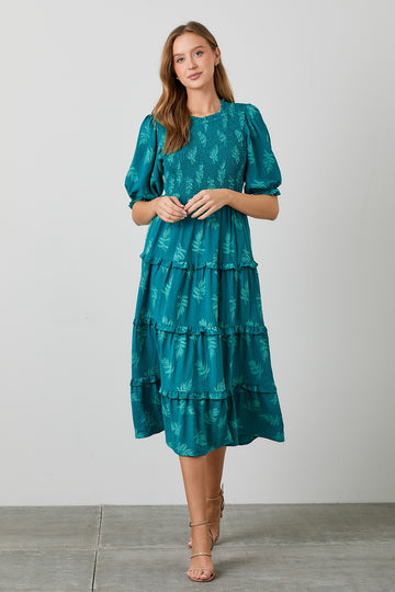 Teal Leaf Print Smocked Midi Dress
