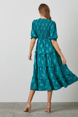 Teal Leaf Print Smocked Midi Dress