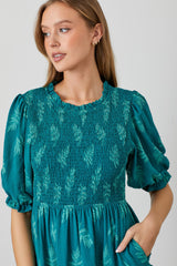 Teal Leaf Print Smocked Midi Dress