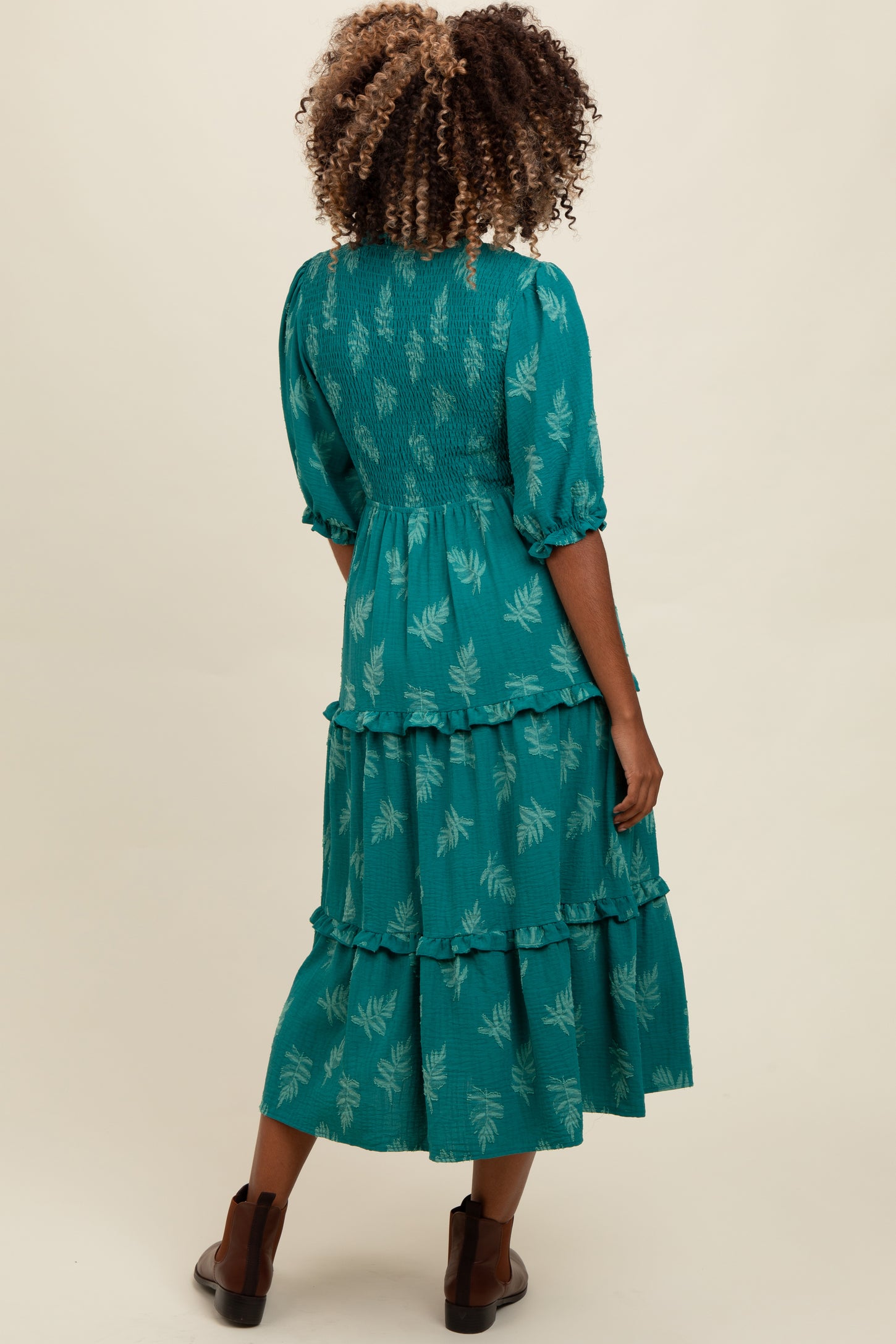 Teal Leaf Print Smocked Midi Dress