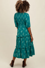 Teal Leaf Print Smocked Midi Dress