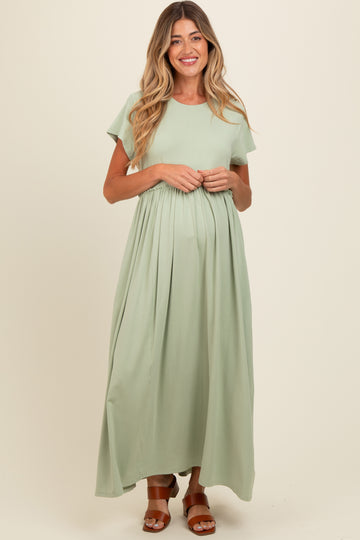 Light Olive Ruffle Trim Maternity Maxi Dress