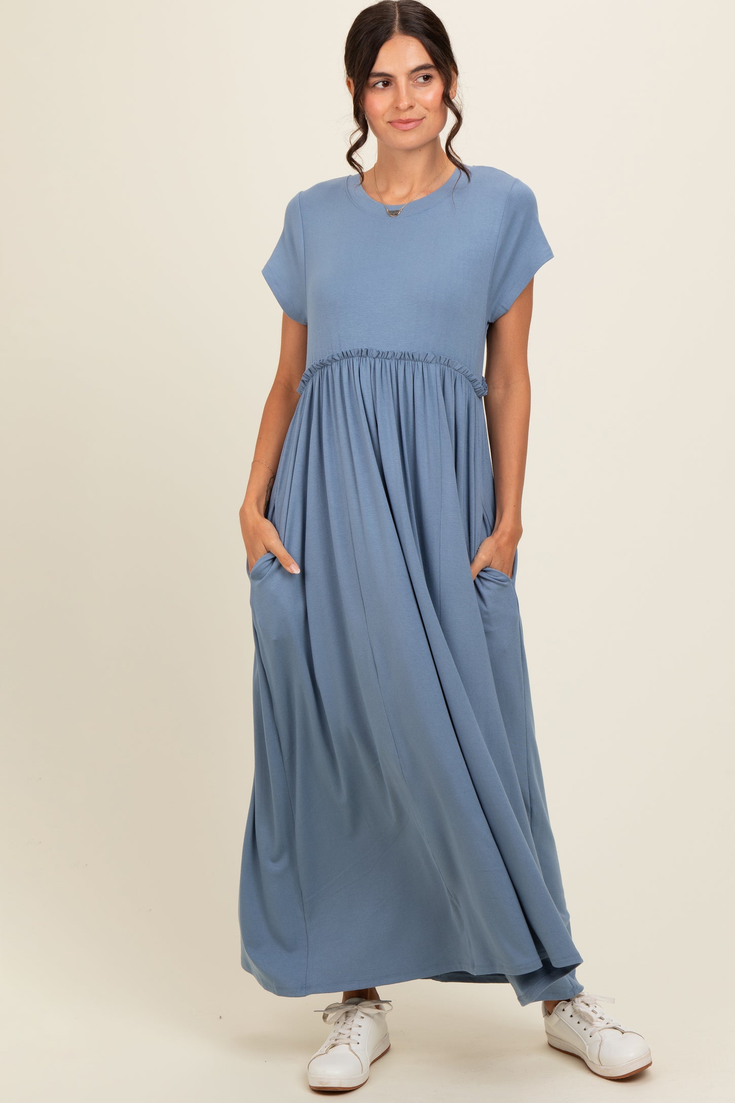 Blue Ruffle Trim Maternity Maxi Dress PinkBlush Blue Ruffle Trim Maternity Maxi Dress PinkBlush