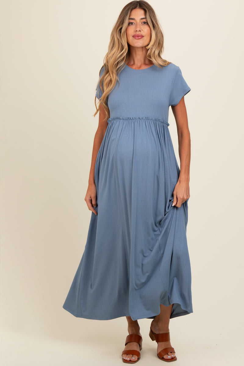 blue ruffle maternity dress Trim Maxi Model is wearing size