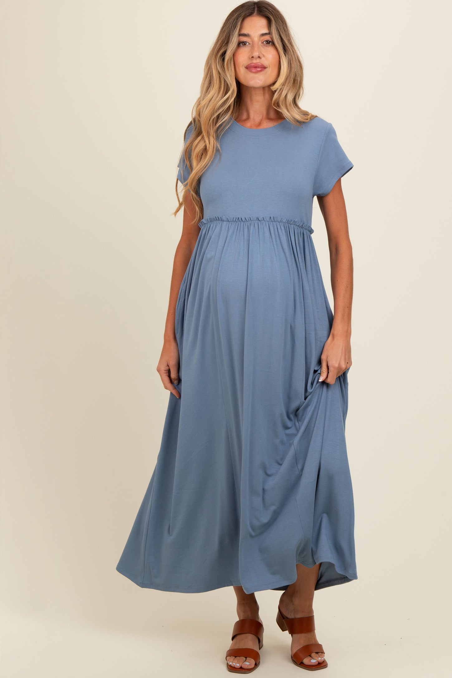 Blue Ruffle Trim Maternity Maxi Dress Blue Ruffle Trim Maternity Maxi Dress