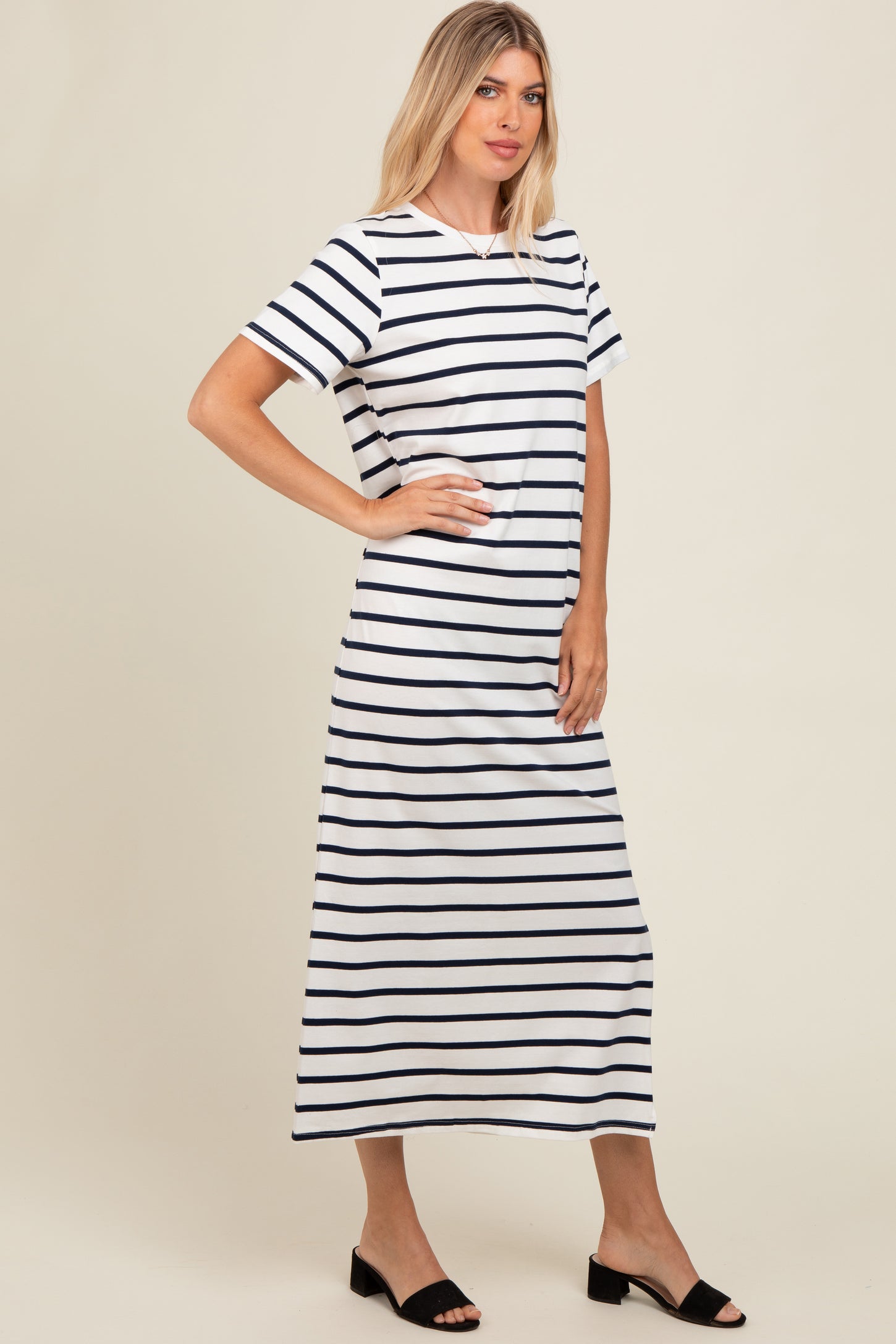 Navy Striped Side Slit Maxi Dress