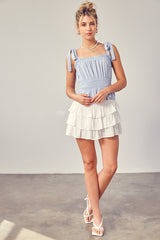 Blue White Tie Strap Ruched Top