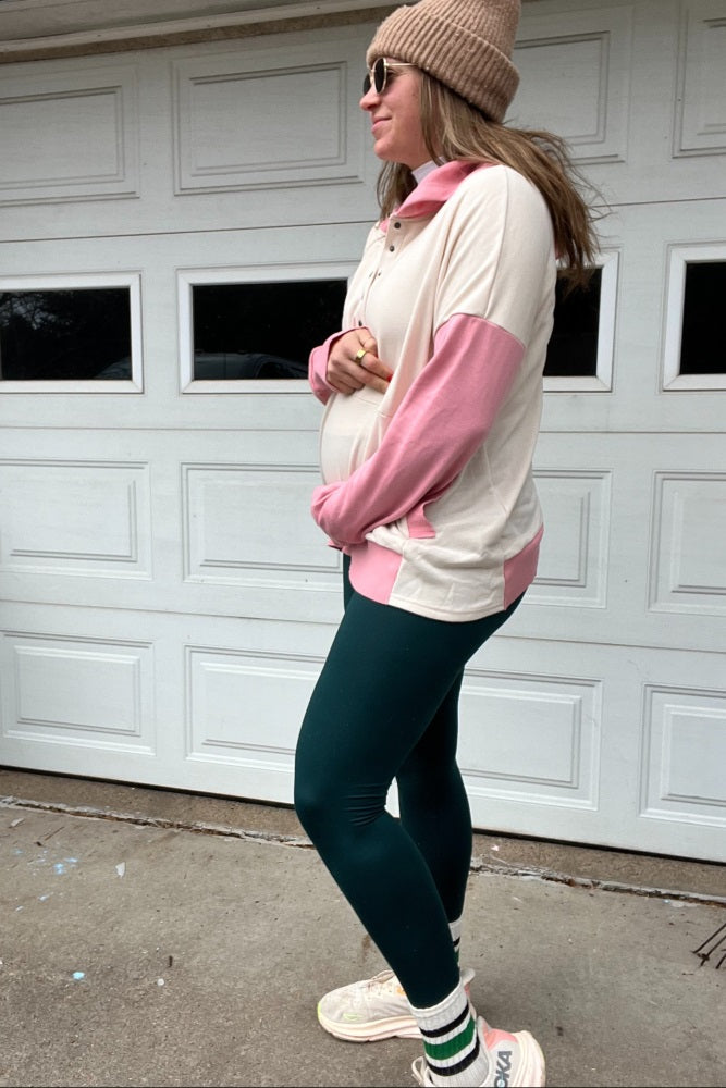 Beige Colorblock Relaxed Fit Maternity Hoodie