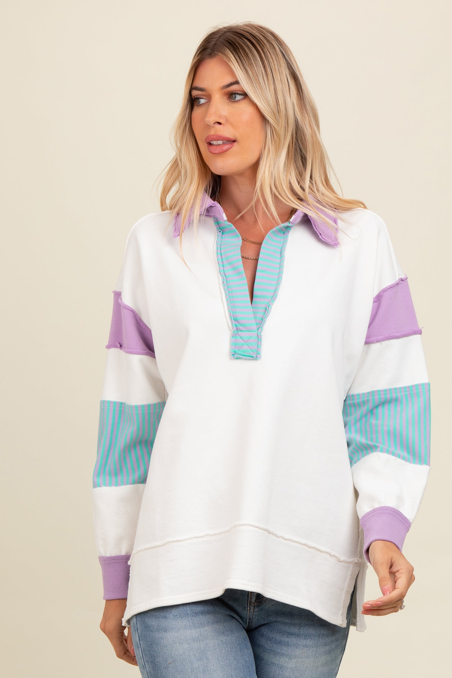 Lavender Colorblock Stripe Polo Maternity Sweatshirt