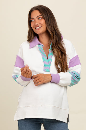 Lavender Colorblock Stripe Polo Maternity Sweatshirt