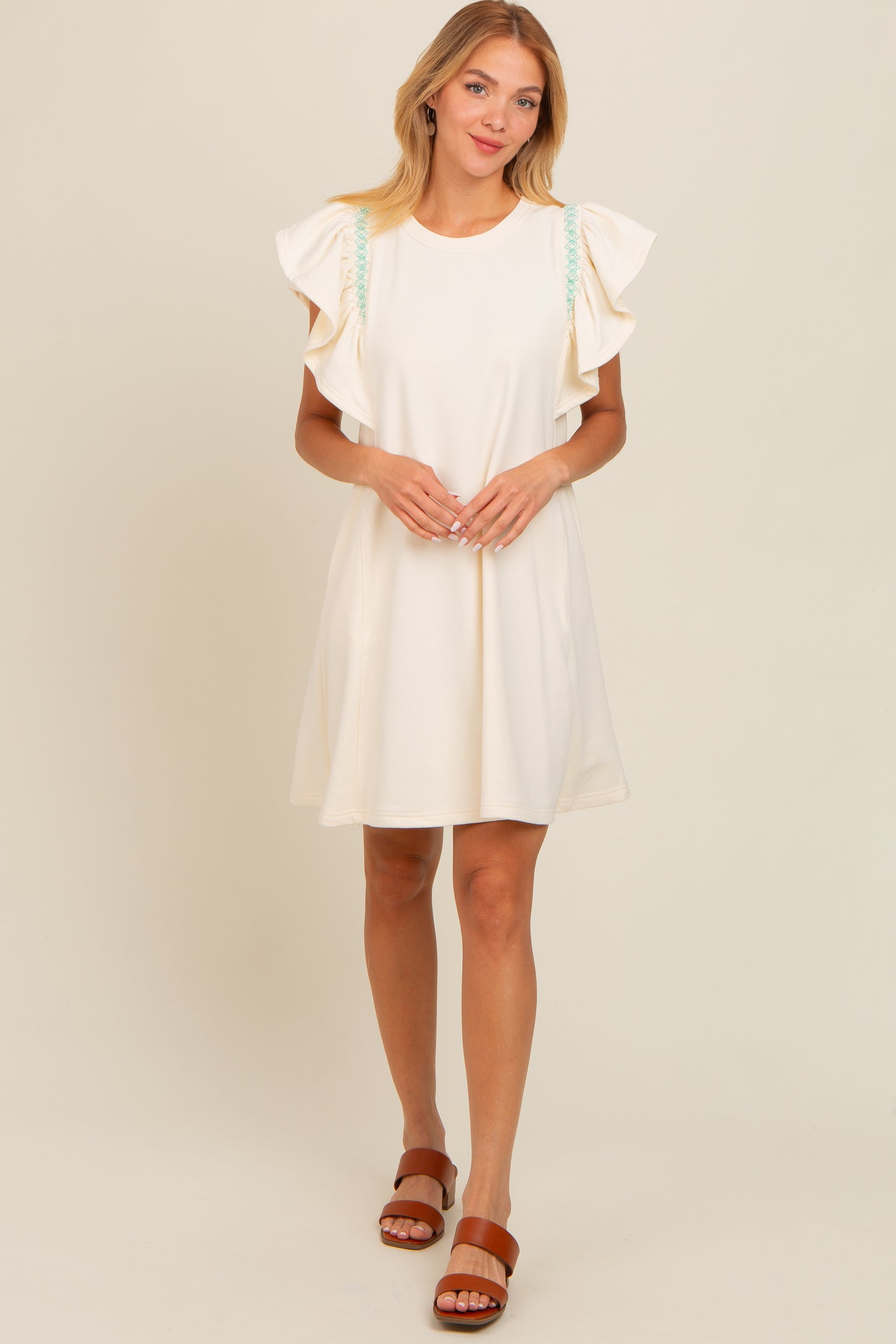 Cream Embroidered Ruffle Sleeve Dress