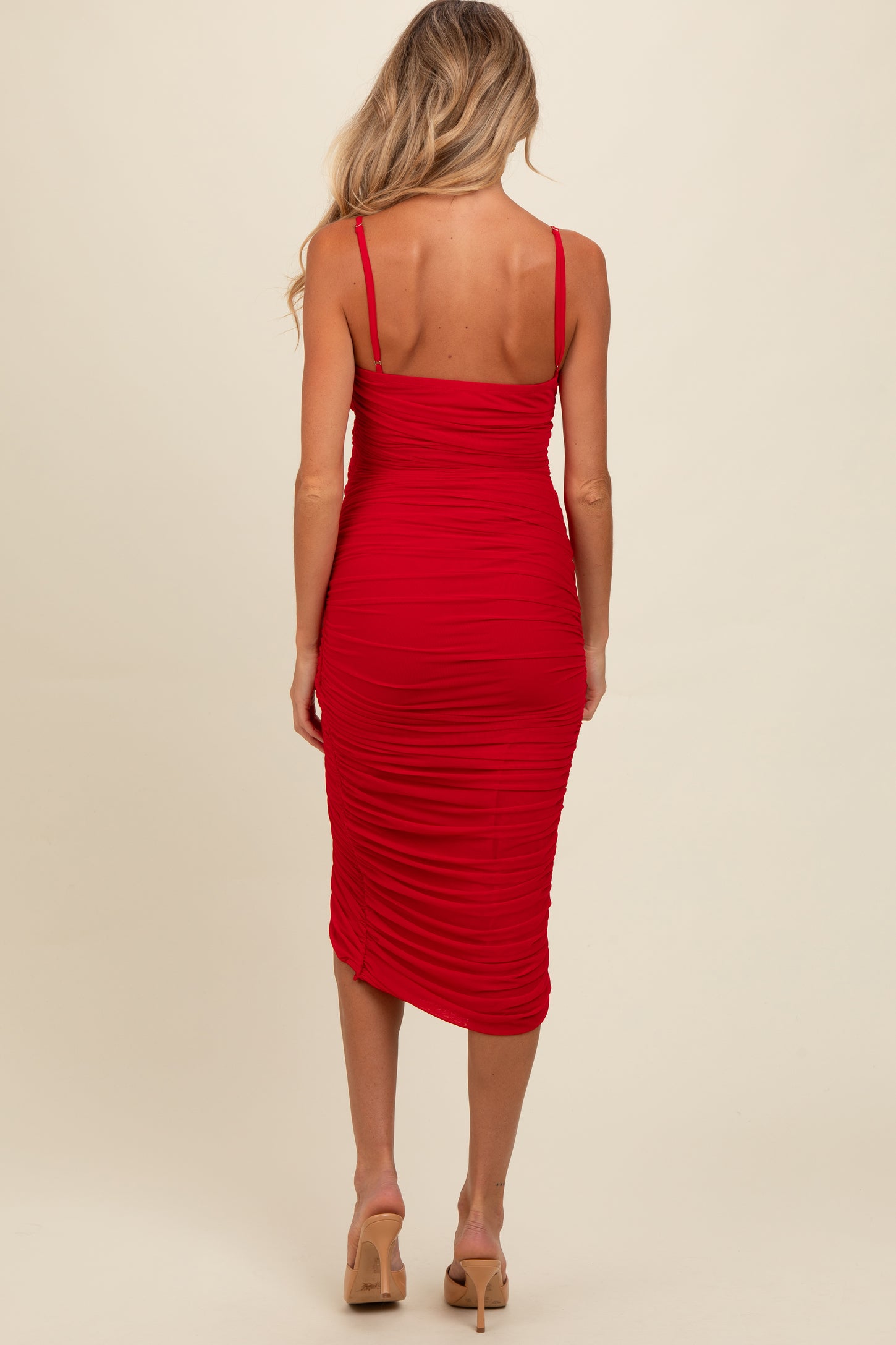 Red Ruched Mesh Fitted Maternity Tulip Hem Dress Red Ruched Mesh Fitted Maternity Tulip Hem Dress