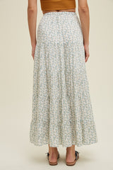 Sage Floral Tiered Maxi Skirt With Drawstring