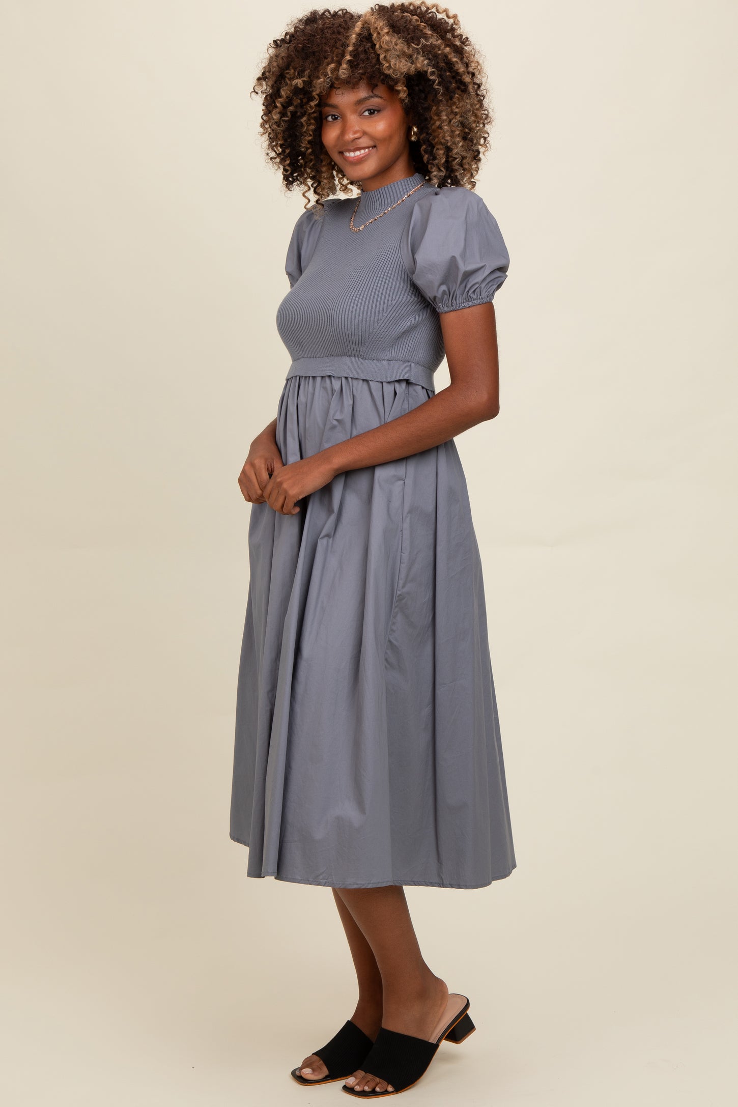 Blue Contrast Knit Bodice Midi Dress PinkBlush Blue Contrast Knit Bodice Midi Dress PinkBlush