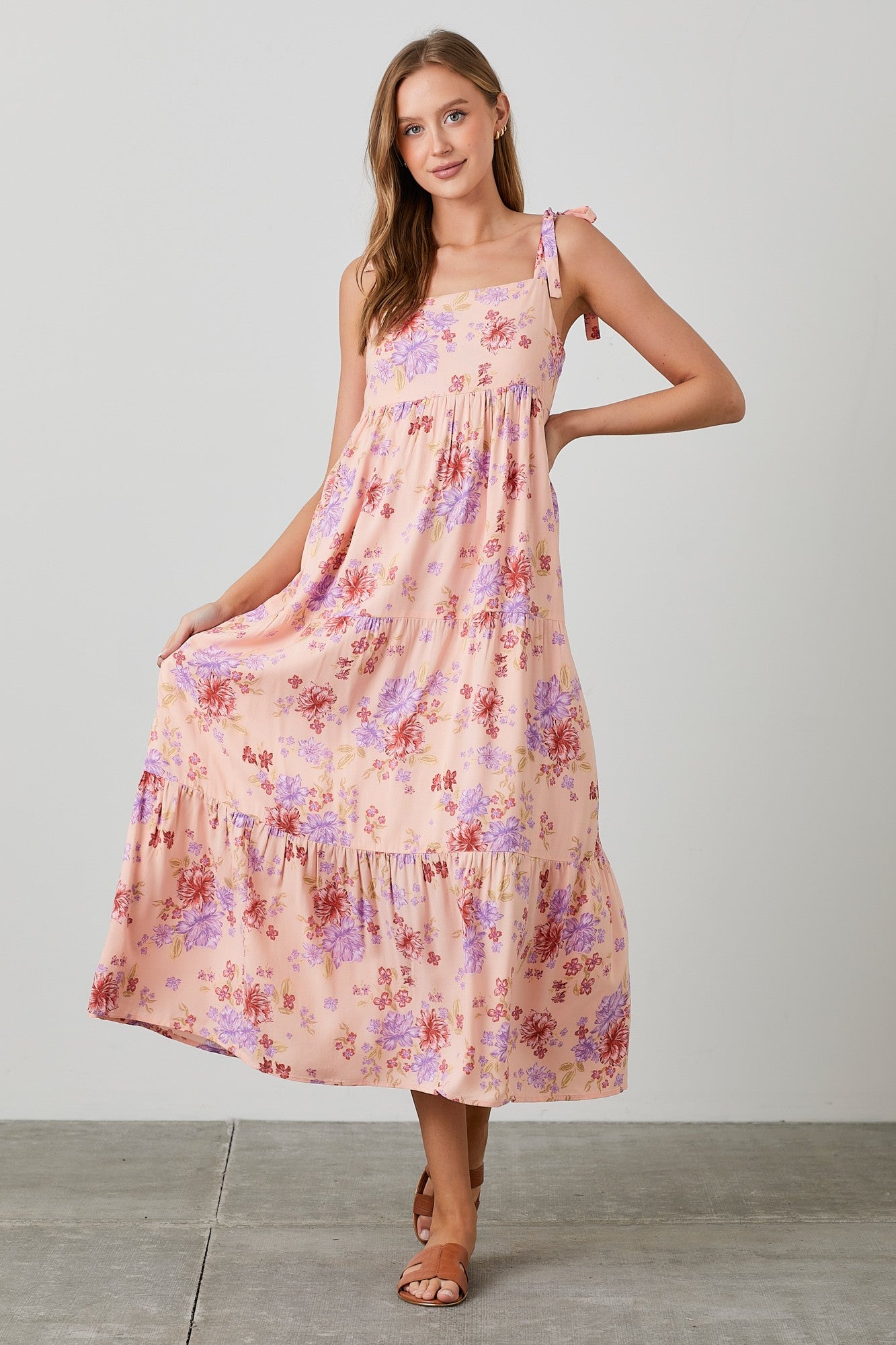 Peach Floral Tie Strap Maxi Dress