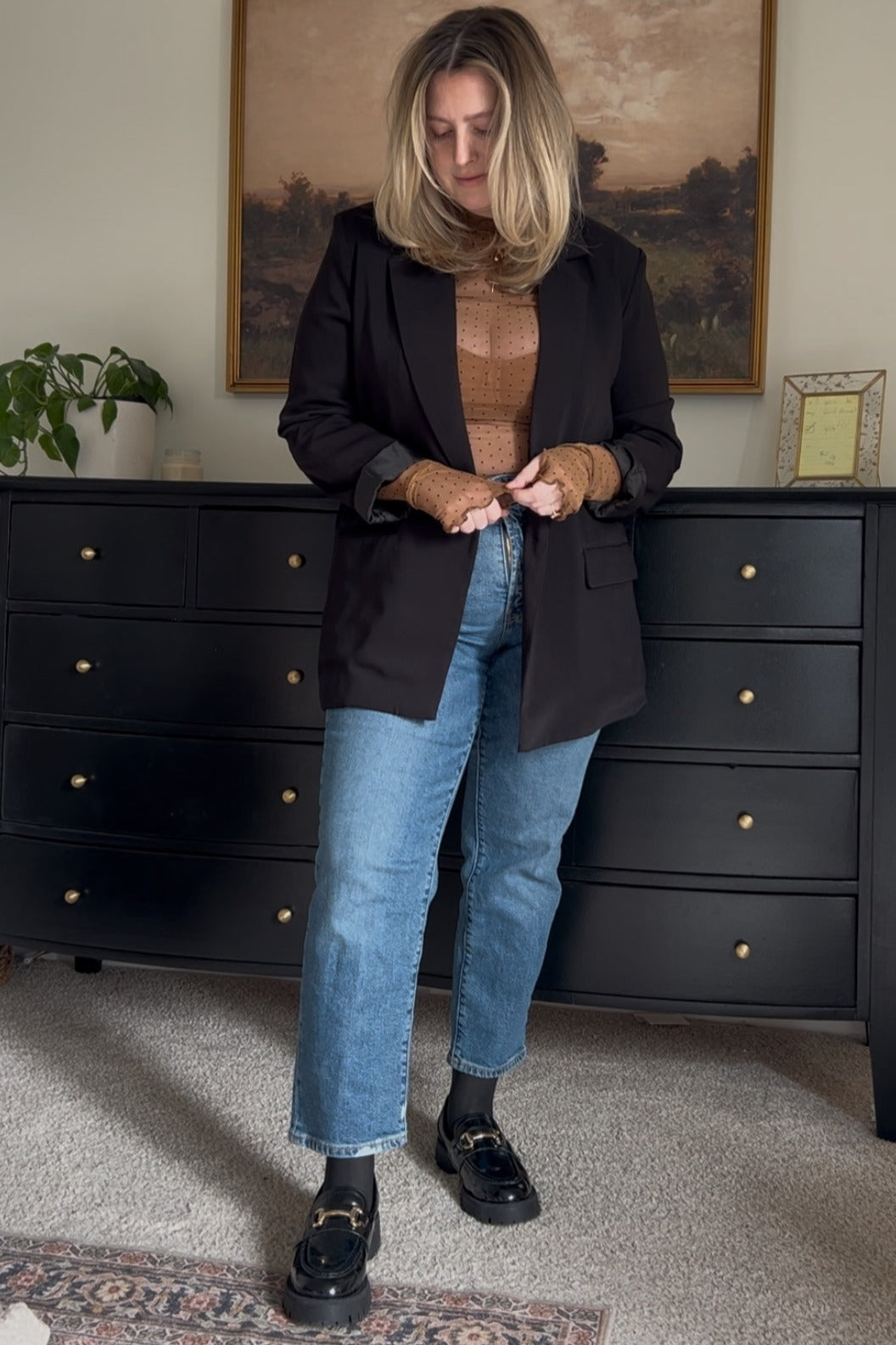 Brown Polka Dot Mesh Long Sleeve Top