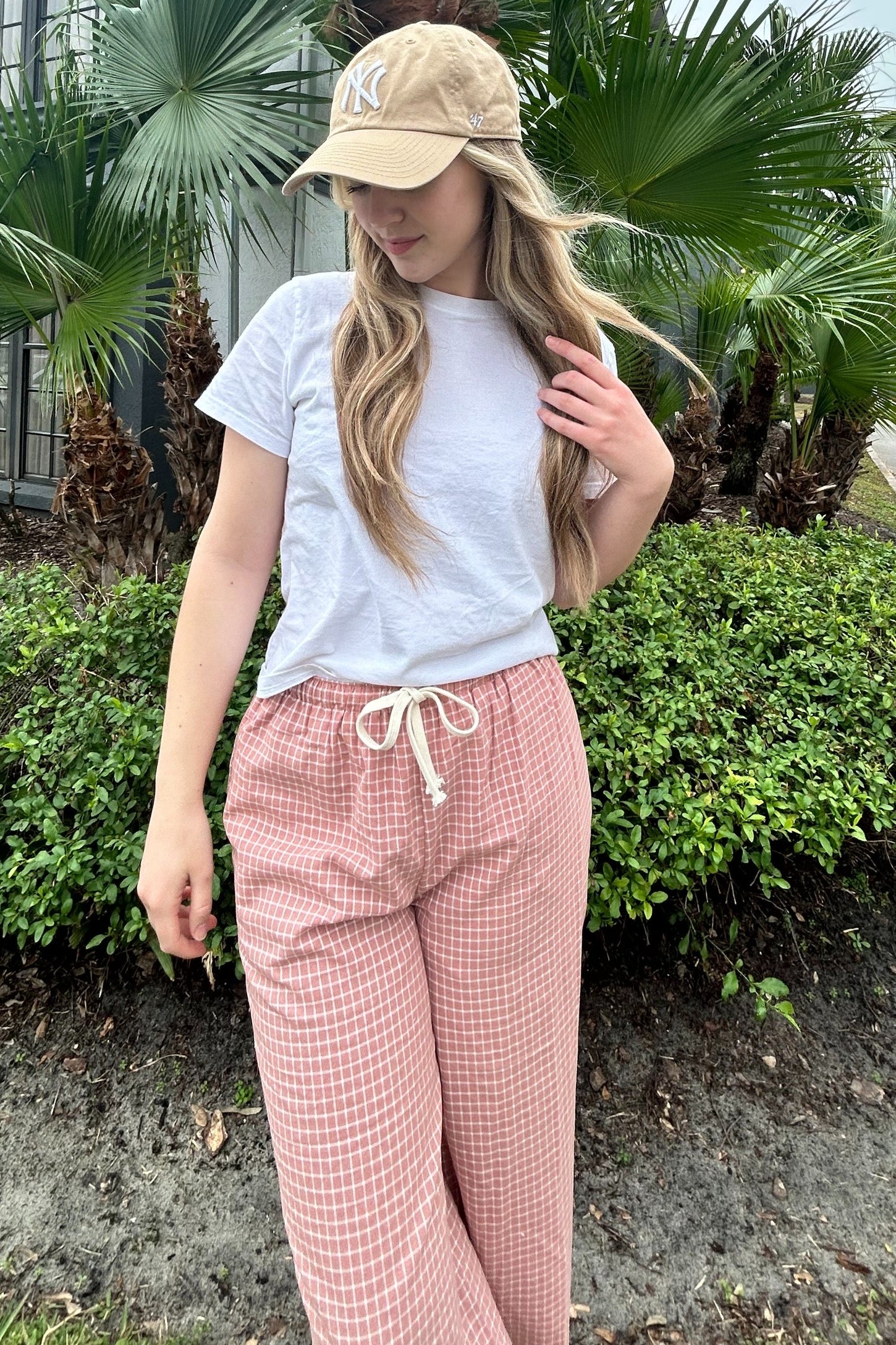Pink Drawstring Checker Plaid Pants PinkBlush Pink Drawstring Checker Plaid Pants PinkBlush