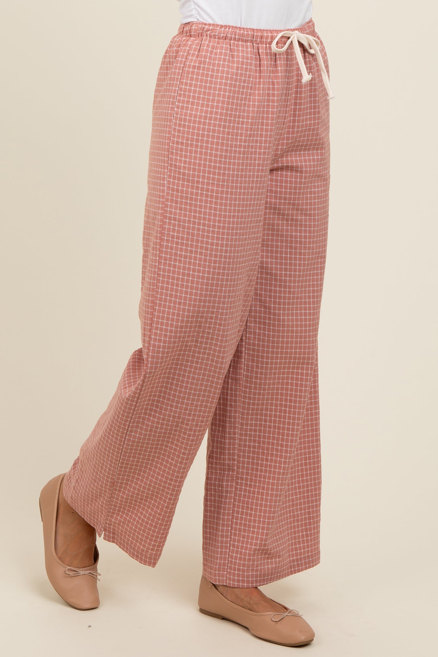 Pink Drawstring Checker Plaid Pants PinkBlush Pink Drawstring Checker Plaid Pants PinkBlush
