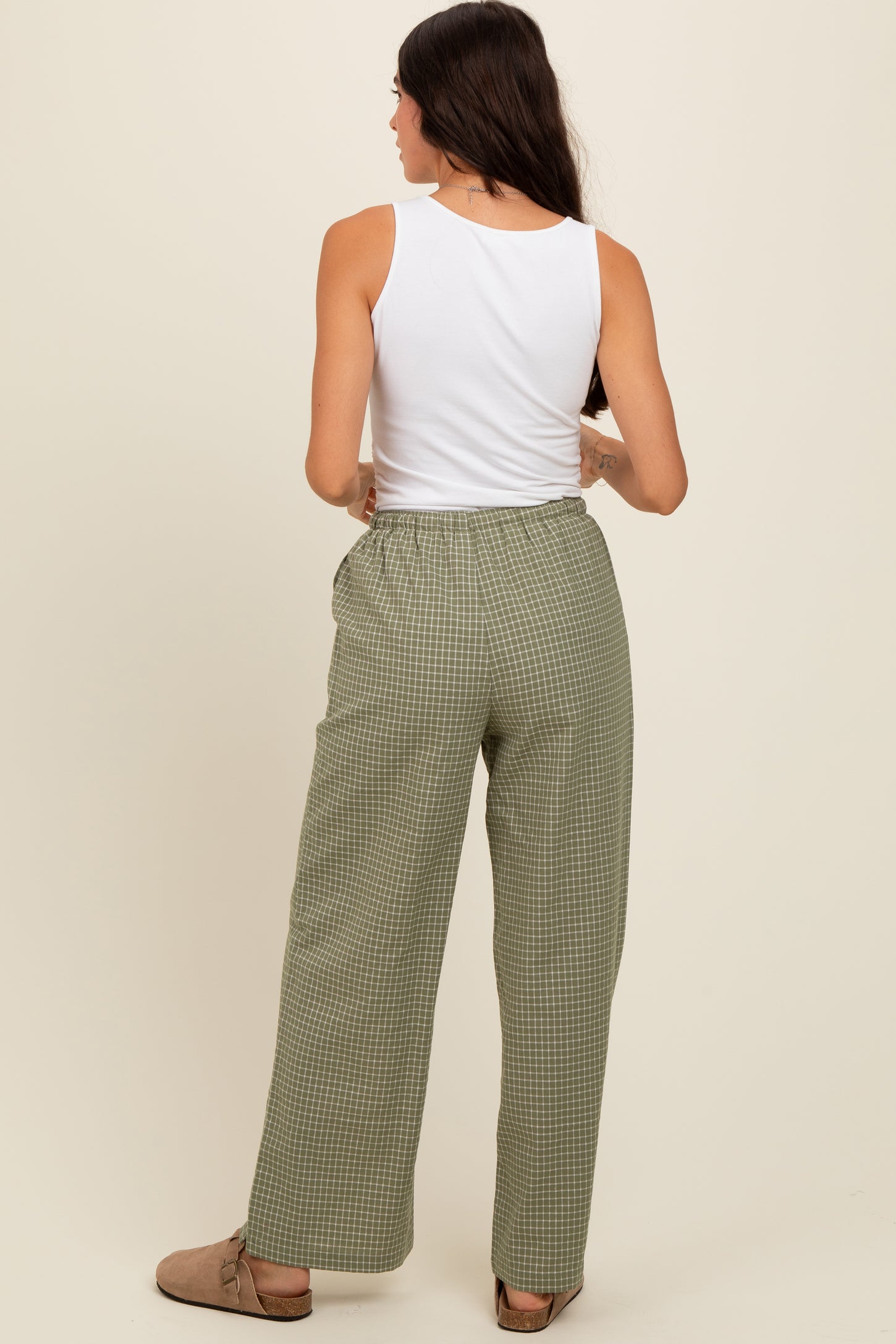Olive Drawstring Checker Plaid Pants