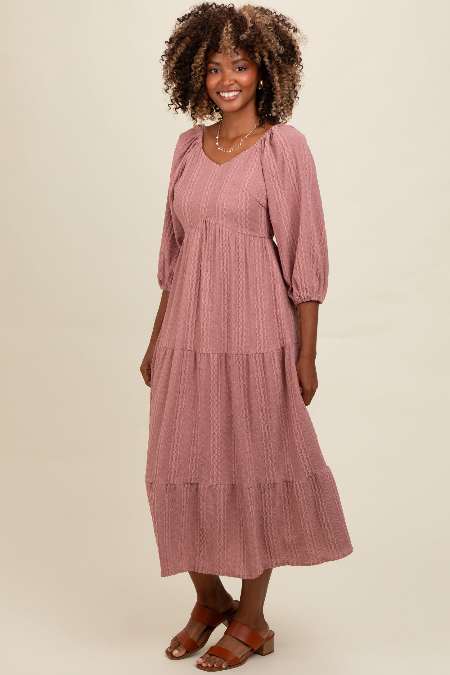Mauve Embroidered Tiered Midi Dress
