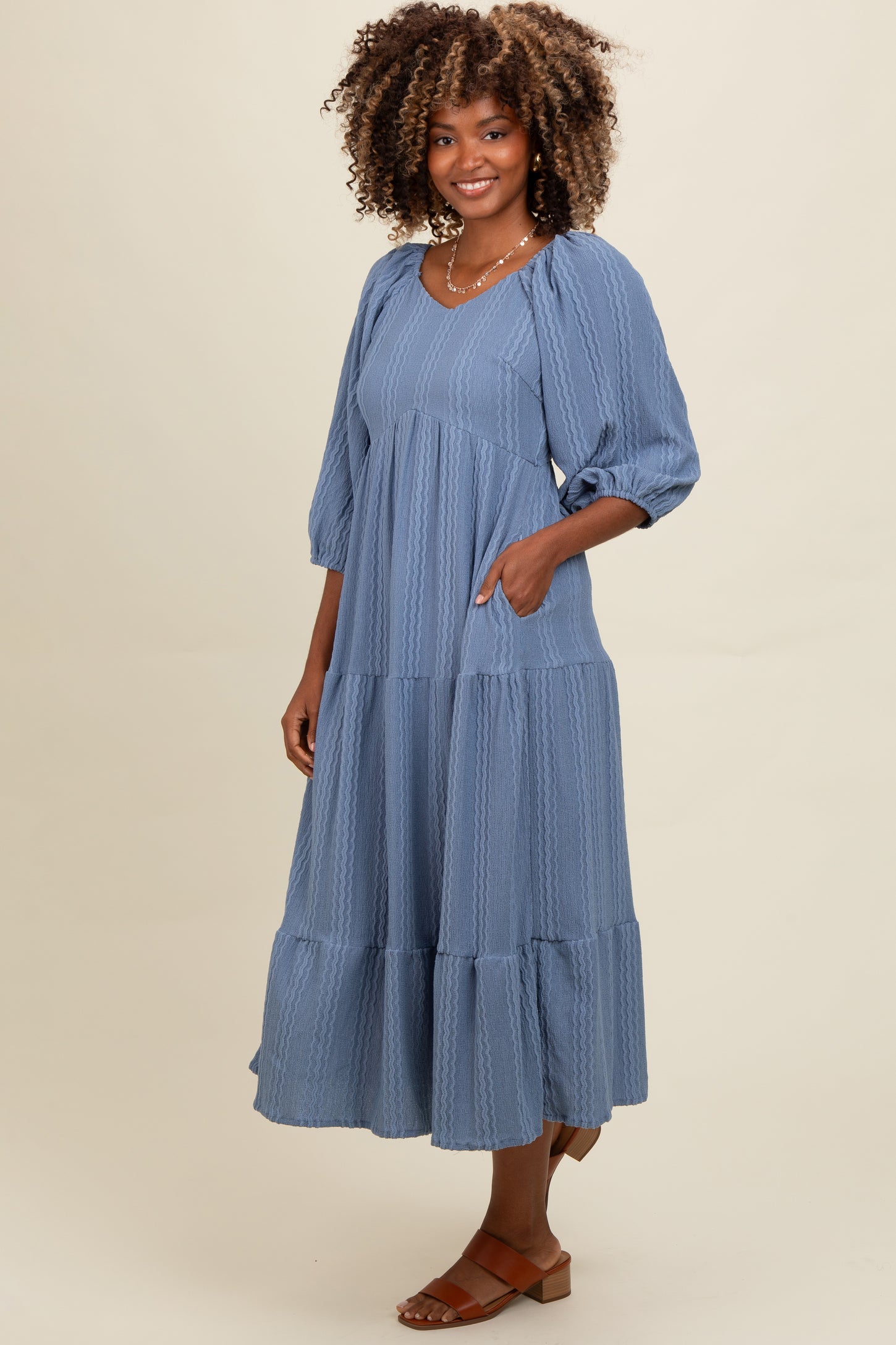 Blue Embroidered Tiered Midi Dress PinkBlush Blue Embroidered Tiered Midi Dress PinkBlush