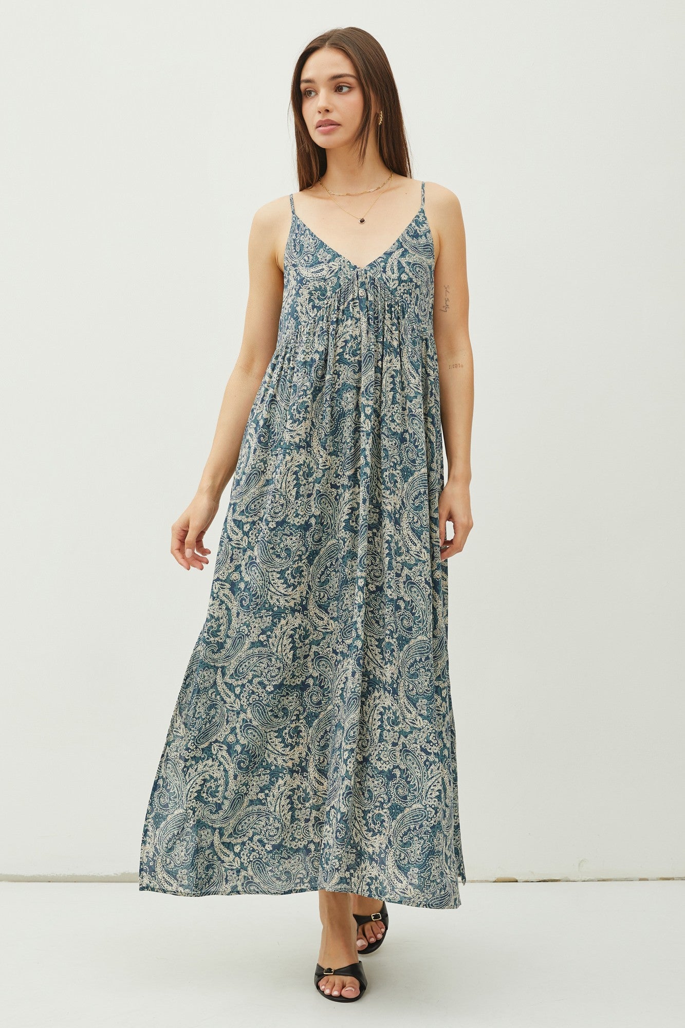 Teal Paisley Babydoll Cami Strap Maxi Dress