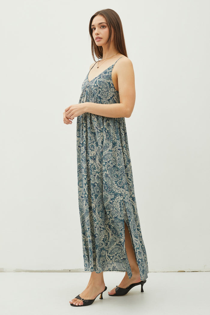 Teal Paisley Babydoll Cami Strap Maxi Dress
