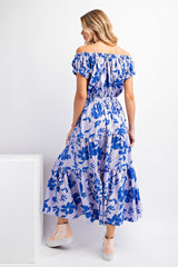 Blue Floral Print Rayon Challis Maxi Dress