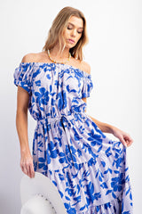 Blue Floral Print Rayon Challis Maxi Dress