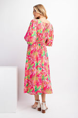 Fuchsia Tropical Print Midi Dress