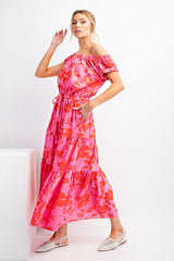 Pink Red Floral Print Maxi Dress