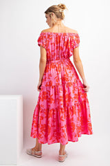 Pink Red Floral Print Maxi Dress