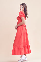 Red Square Neck Puff Sleeve Top And Midi Skirt Set