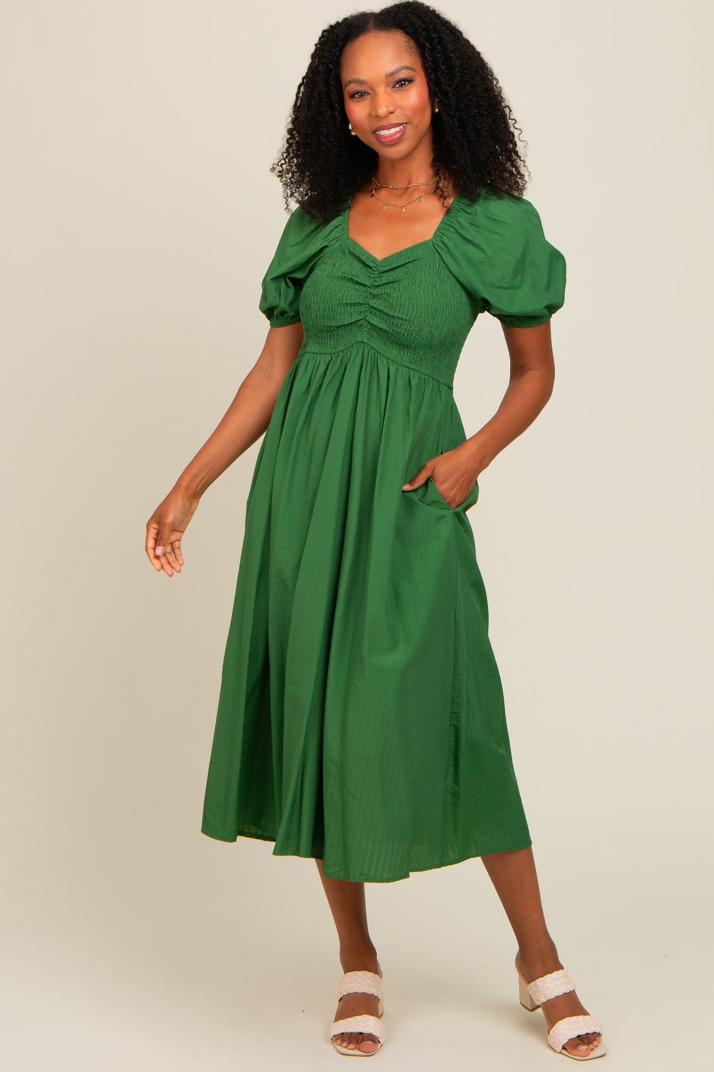 Forest Green Smocked Midi Dress PinkBlush Forest Green Smocked Midi Dress PinkBlush
