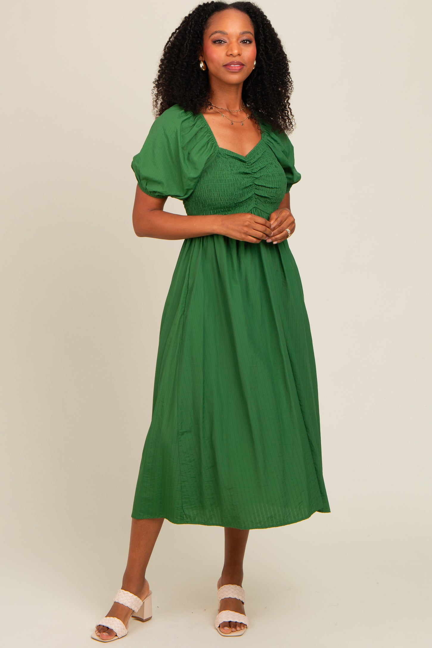 Forest Green Smocked Midi Dress PinkBlush Forest Green Smocked Midi Dress PinkBlush
