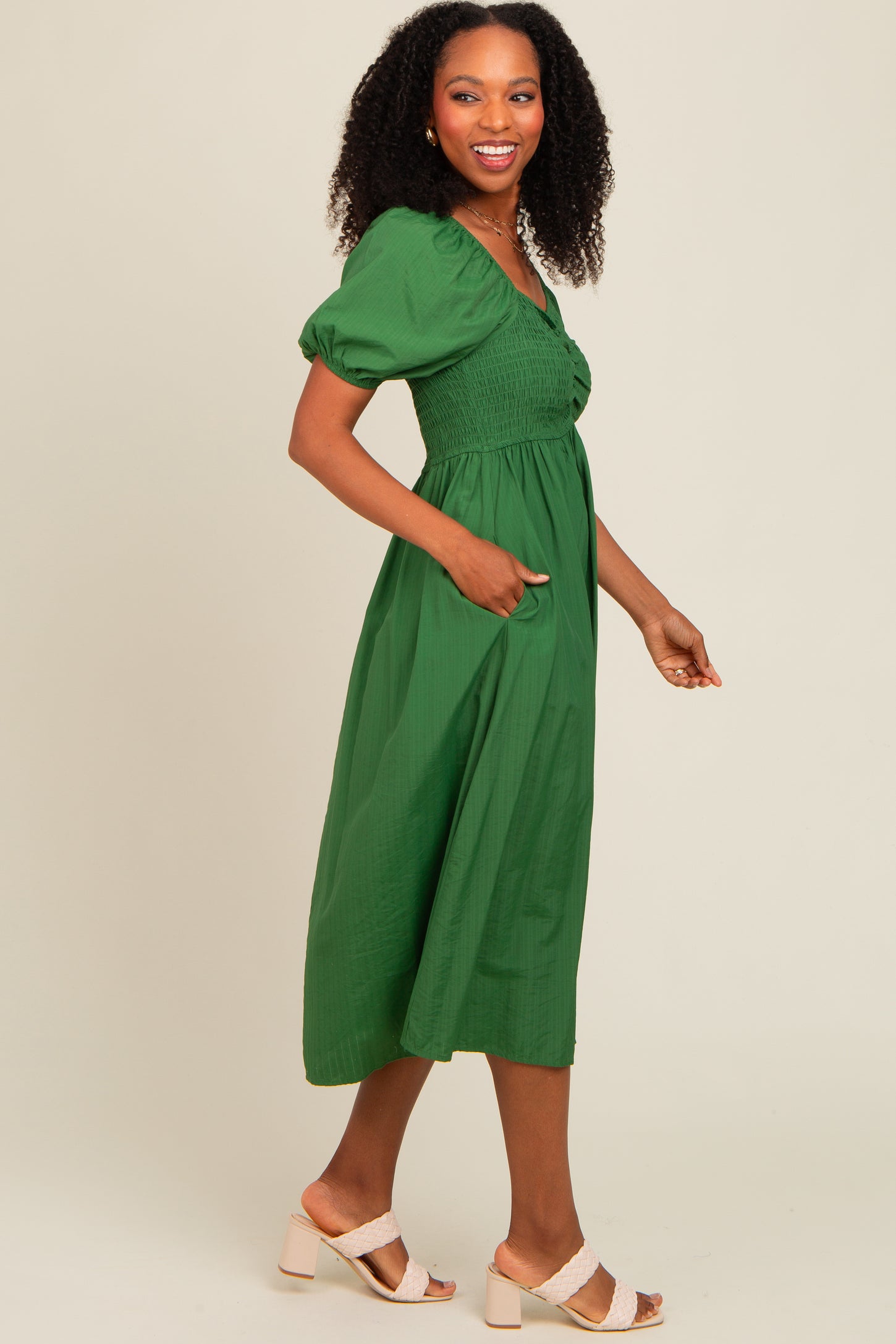 smocked midi dress green Rain Smocked Midi Dress in Green