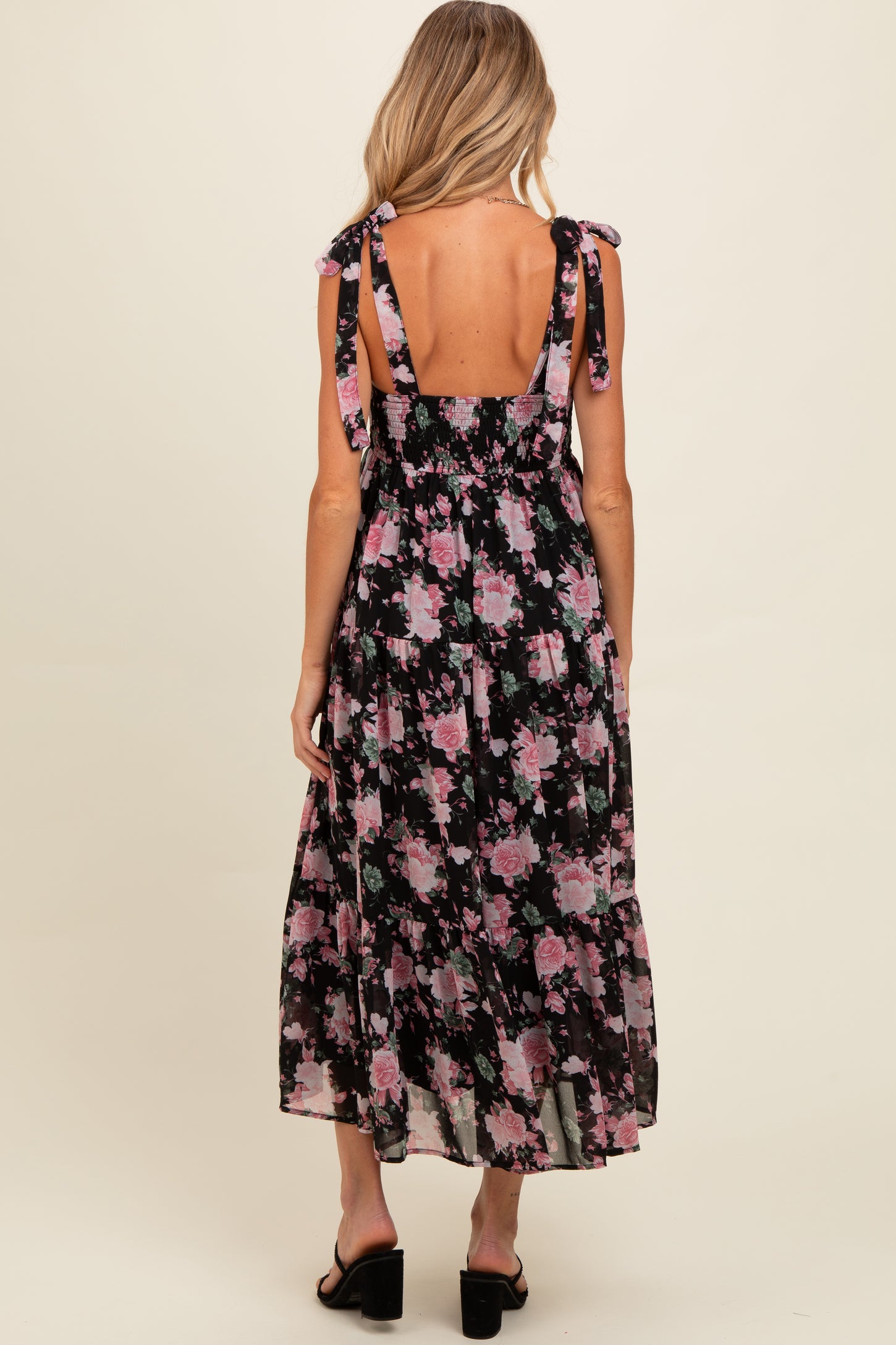 Black Floral Print Tie Strap Maternity Midi Dress PinkBlush Black Floral Print Tie Strap Maternity Midi Dress PinkBlush